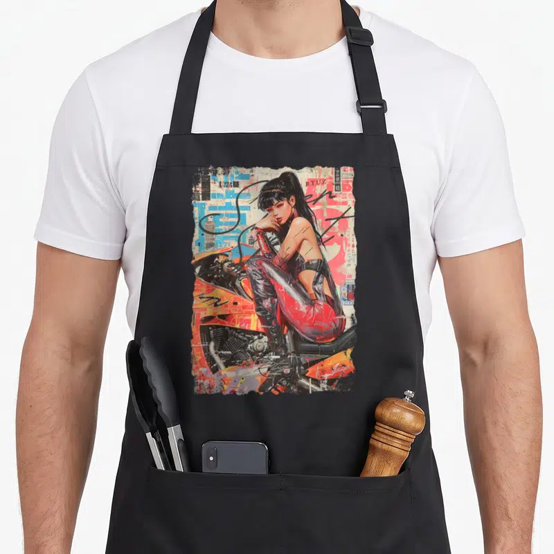 Tablier de cuisine noir avec une pin-up en latex rouge posant sur une moto de course orange style graffiti.