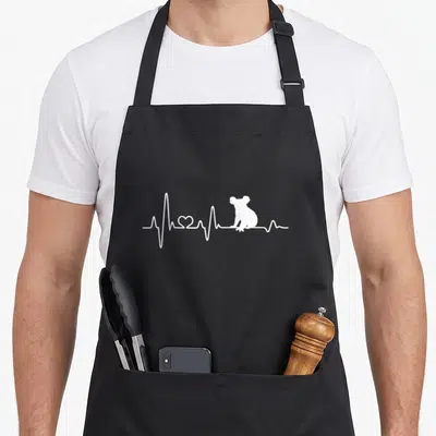 Tablier de cuisine noir avec silhouette blanche de koala et ligne de battement de coeur stylisée en forme de heart.