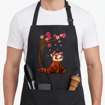 Tablier de cuisine noir avec illustration d'un panda rouge riant sous des branches de fleurs de cerisier roses.