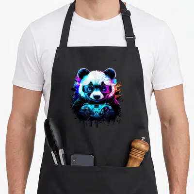 Tablier de cuisine noir avec un panda aux couleurs néon portant des lunettes et tenant une manette de jeu vidéo.