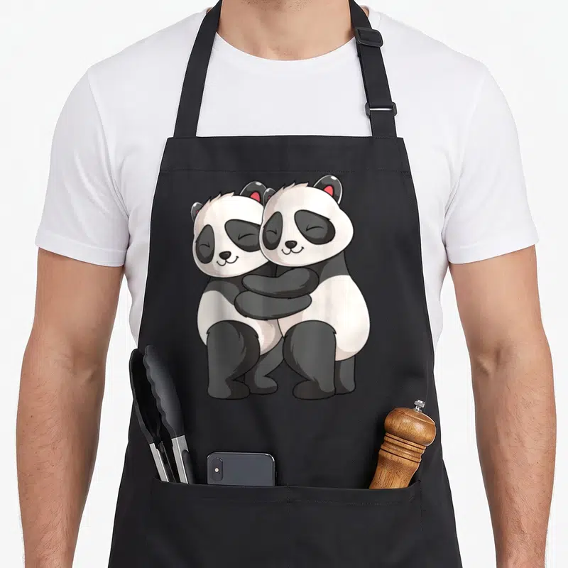 Tablier de cuisine noir avec deux pandas dessinés s'enlaçant tendrement au centre du vêtement.