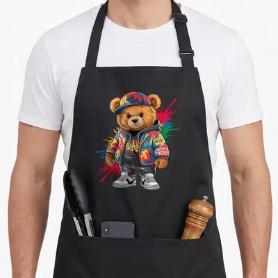 Tablier de cuisine noir avec ourson habillé en tenue street art aux couleurs vives et graffitis.