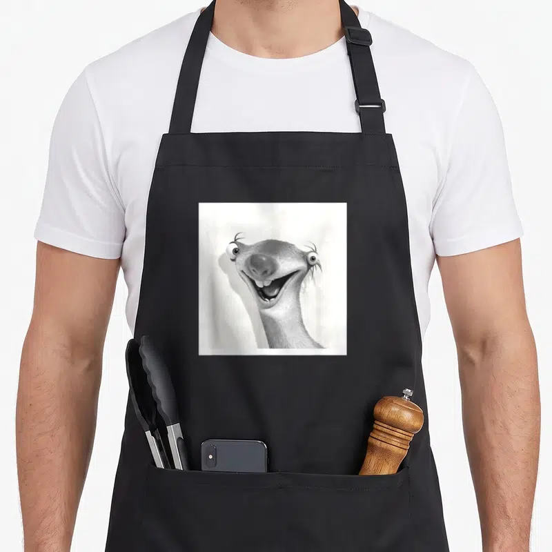 Tablier de cuisine noir avec portrait photo booth en noir et blanc de Sid le paresseux aux yeux exorbités et sourire béat.