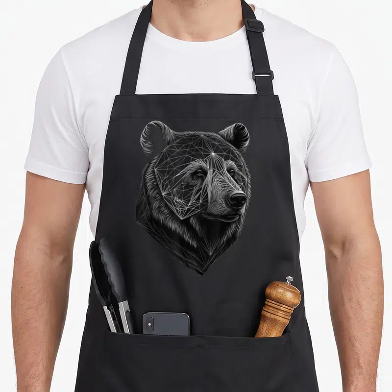 Tablier de cuisine noir avec tête d'ours dessinée en lignes blanches géométriques et fines.