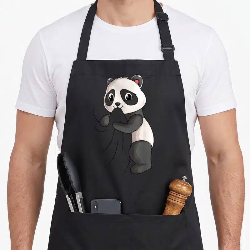 Tablier de cuisine noir avec illustration d'un petit panda tenant une tige de bambou devant sa bouche.