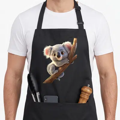 Tablier de cuisine noir avec illustration d'un koala australie doux et ourson mignon grimpant à une branche en bois.