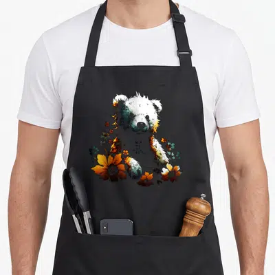 Tablier de cuisine noir avec un ours blanc et vert entouré de fleurs orange et vertes dans un style aquarelle.