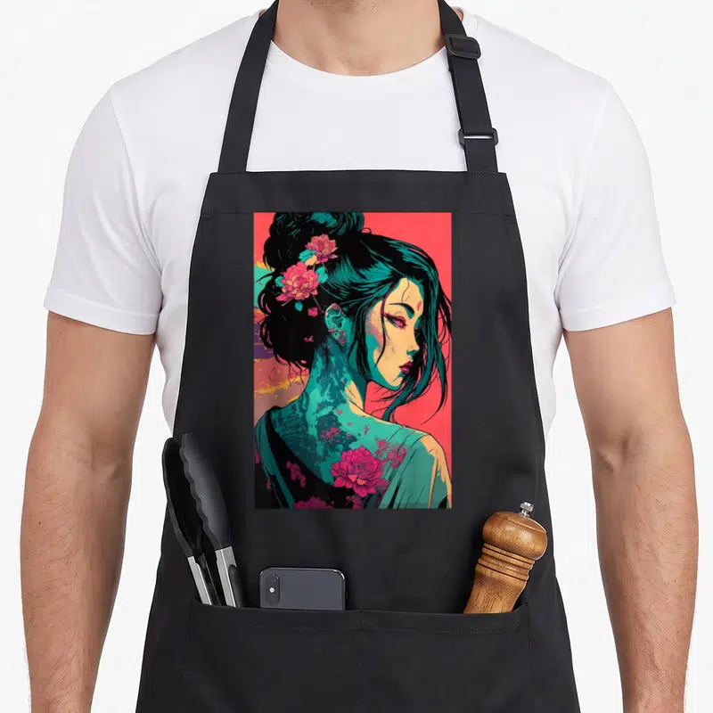 Tablier de cuisine noir avec une Geisha aux cheveux noirs ornés de fleurs roses et de tatouages turquoise sur un fond rouge vif.