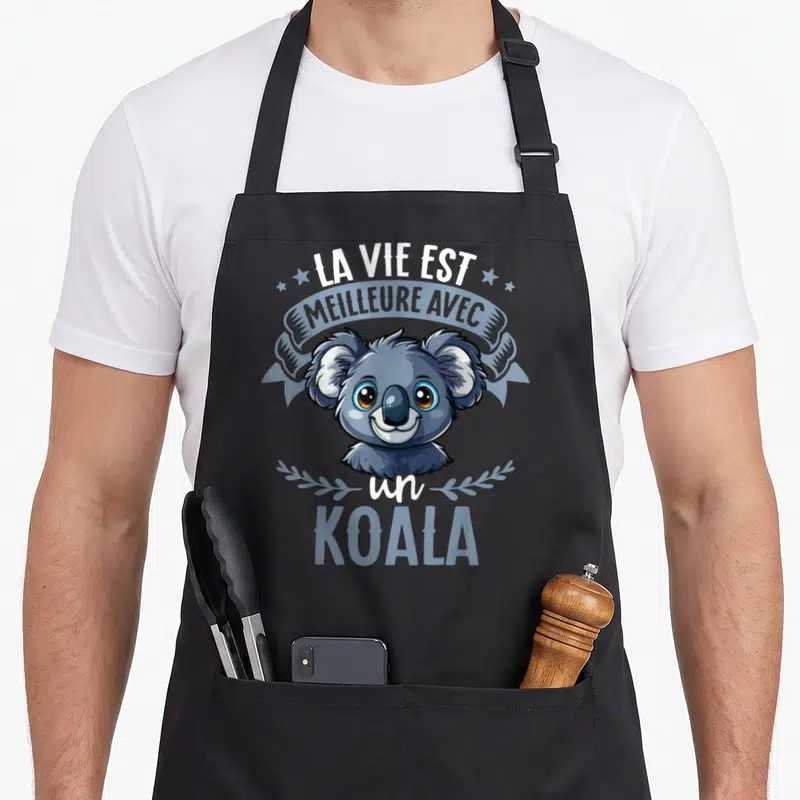 Tablier de cuisine noir avec illustration d'un koala mignon et le texte la vie est meilleure avec un koala