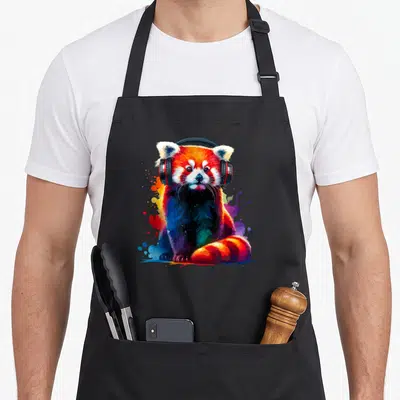 Tablier de cuisine noir avec un panda roux aux écouteurs et des éclaboussures de couleurs vives.