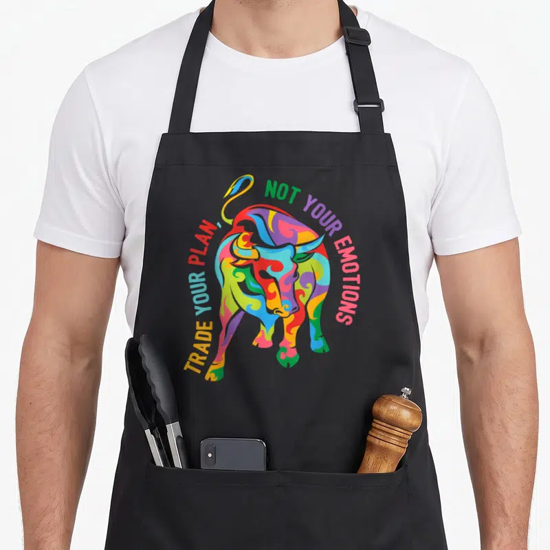 Tablier de cuisine noir avec un taureau multicolore et texte Trade your plan not your emotions