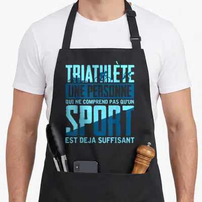 Tablier de cuisine noir avec l'inscription triathlète une personne qui ne comprend pas qu'un sport est déjà suffisant en bleu.