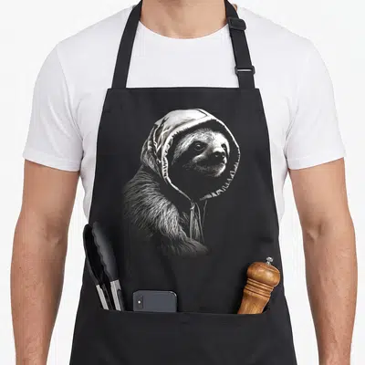 Tablier de cuisine noir avec illustration d'un paresseux en capuche dessinée au trait fin.