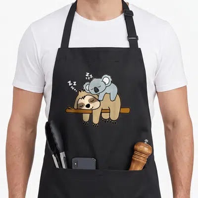 Tablier de cuisine noir avec un paresseux et un bébé koala dormant sur une branche.