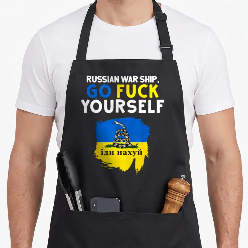 Tablier Navire de guerre russe Go F Yourself — sur un tablier de cuisine noir, fond blanc
