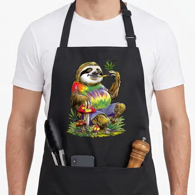 Tablier de cuisine noir avec un paresseux aux couleurs vives fumant une cigarette et tenant une feuille de chanvre entre ses doigts.