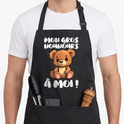 Tablier de cuisine noir avec ours marron assis et texte blanc Mon Gros Nounours à Moi