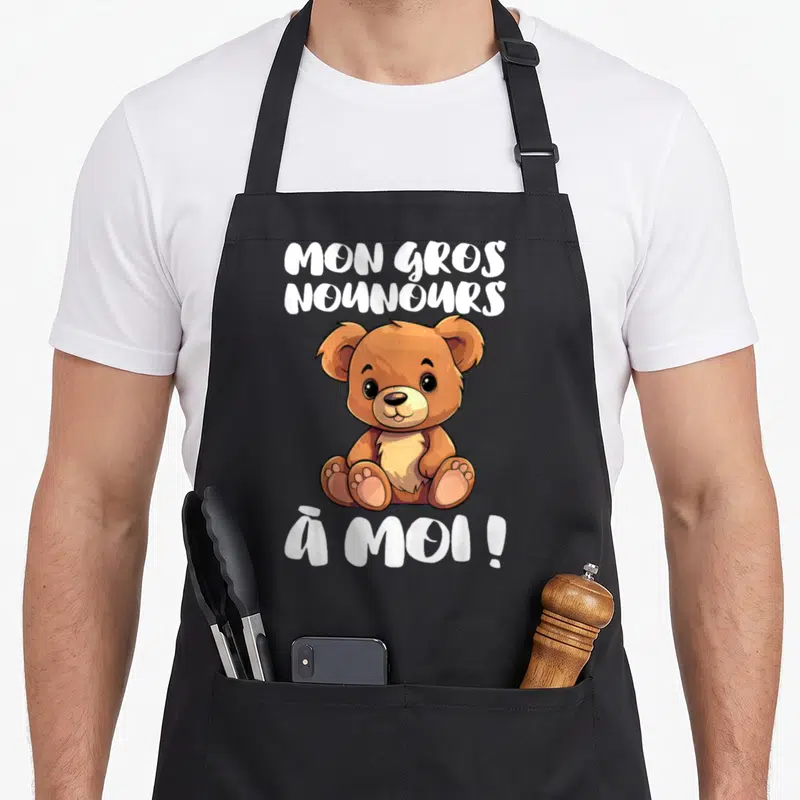 Tablier de cuisine noir avec ours marron assis et texte blanc Mon Gros Nounours à Moi