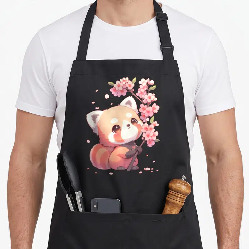 Tablier de cuisine noir avec un panda rouge tenant une branche de fleurs de cerisier roses et des pépales autour.