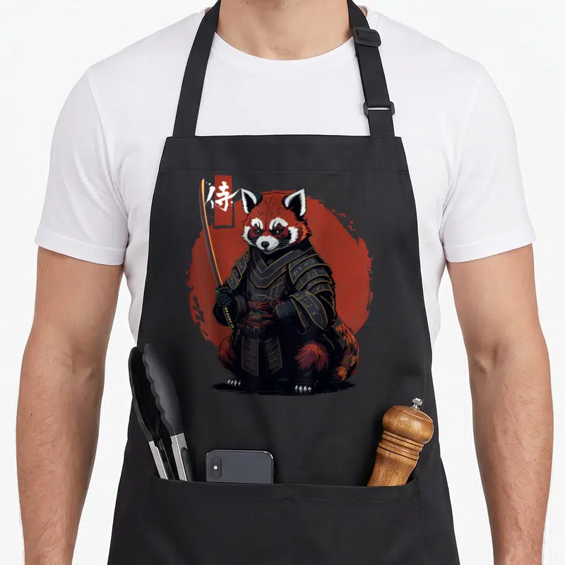 Tablier de cuisine noir avec un renard roux samouraï ukiyo-e tenant une katana devant un cercle rouge.