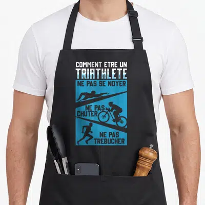 Tablier de cuisine noir avec illustration bleue et silhouettes de sports pour triathlètes.