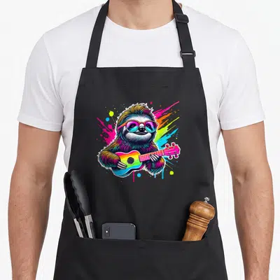 Tablier de cuisine noir avec un paresseux jouant d'un ukulélé multicolore et portant des lunettes de soleil.