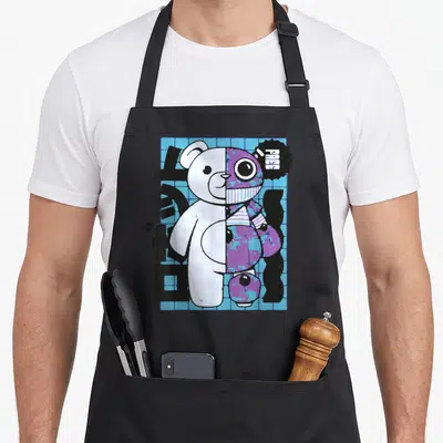 Tablier de cuisine noir avec illustration d'un ourson cyborg half-and-half blanc et violet style manga sur fond de grille bleue.