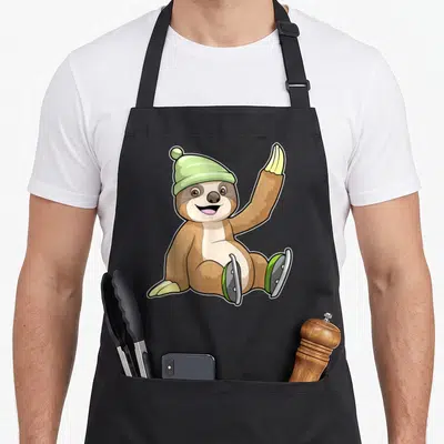 Tablier de cuisine noir avec illustration d'un paresseux souriant portant un bonnet vert et des patins à glace.