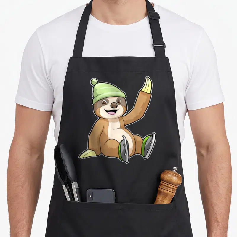 Tablier de cuisine noir avec illustration d'un paresseux souriant portant un bonnet vert et des patins à glace.