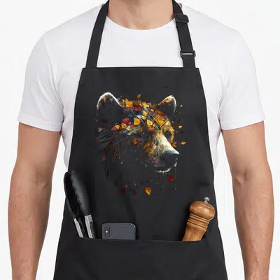 Tablier de cuisine noir avec tête d'ours stylisée en polygones colorés et éclaboussures artistiques.