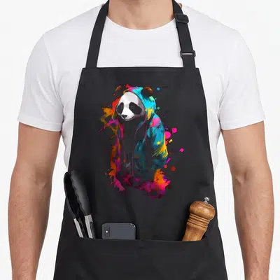 Tablier de cuisine noir avec illustration d'un panda portant une capuche aux couleurs vives et éclats de peinture.