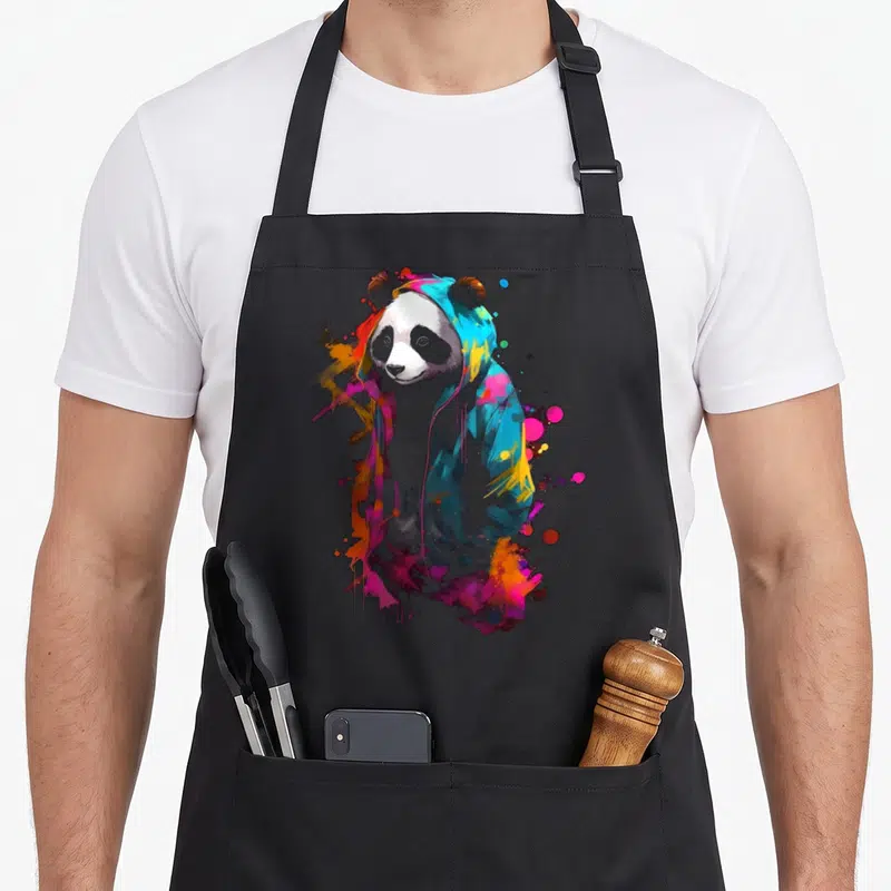 Tablier de cuisine noir avec illustration d'un panda portant une capuche aux couleurs vives et éclats de peinture.