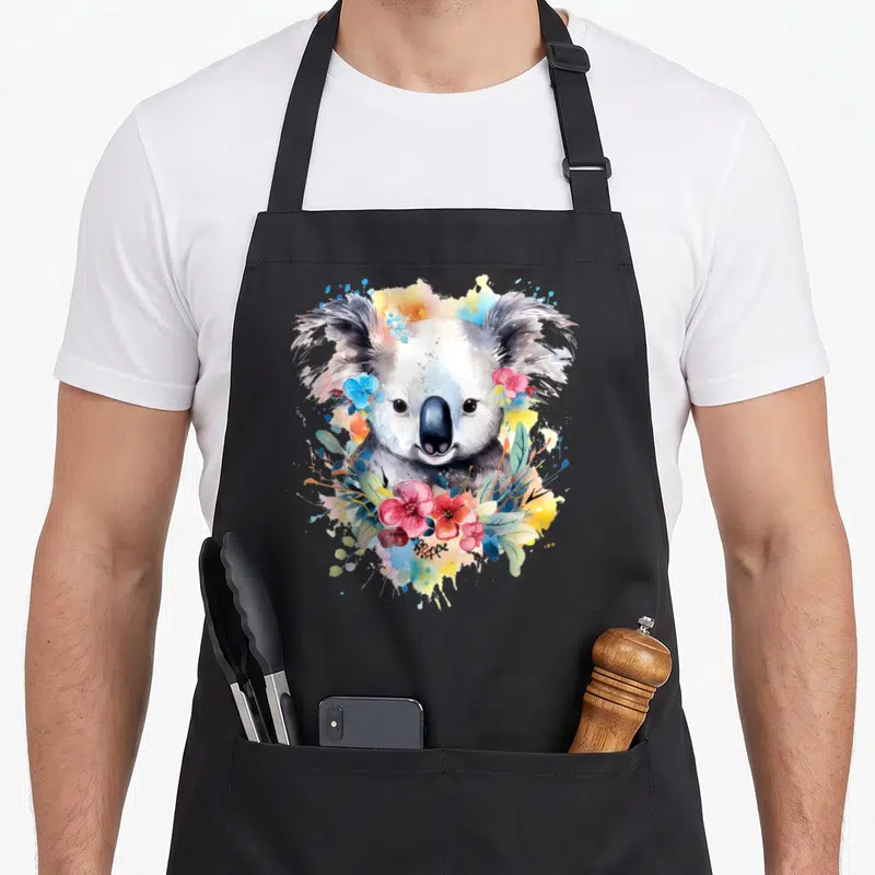 Tablier de cuisine noir avec tête de koala entourée de fleurs roses et d'éclats de peinture colorés.