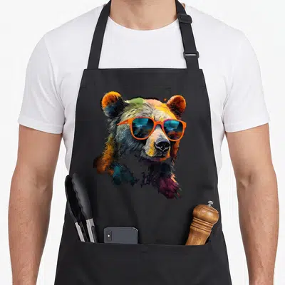 Tablier de cuisine noir avec illustration d'ours aux lunettes de soleil orange et bleues.