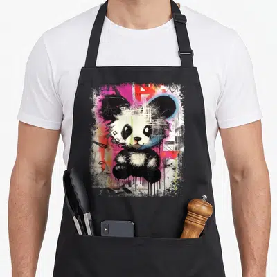 Tablier de cuisine noir avec illustration d'un panda au style graffiti urbain aux couleurs vives et effets de peinture coulante.