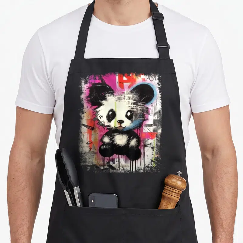 Tablier de cuisine noir avec illustration d'un panda au style graffiti urbain aux couleurs vives et effets de peinture coulante.