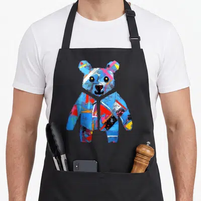 Tablier de cuisine noir avec ours œuvre d'art aux couleurs vives et style abstrait géométrique.