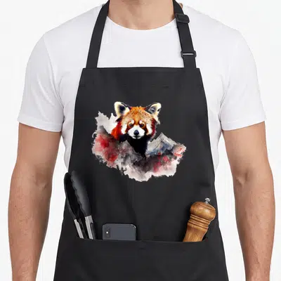 Tablier de cuisine noir avec illustration artistique d'un panda rouge émergeant d'un paysage montagneux en aquarelle.
