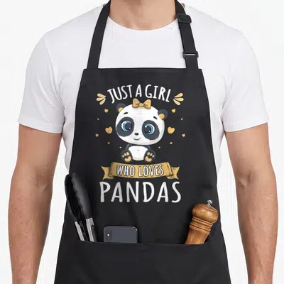 Tablier de cuisine noir avec illustration d'un panda mignon portant un nœud papillon et le texte Just A Girl Who Loves Pandas.