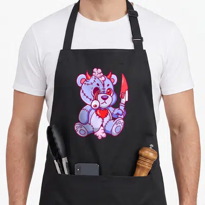 Tablier de cuisine noir avec ours en peluche pastel goth creep kawaii tenant un couteau.