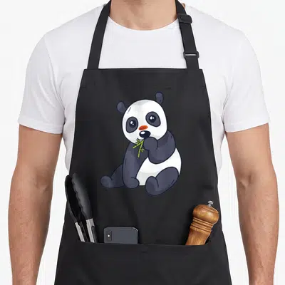 Tablier de cuisine noir avec ours panda assis mangeant une tige de bambou vert