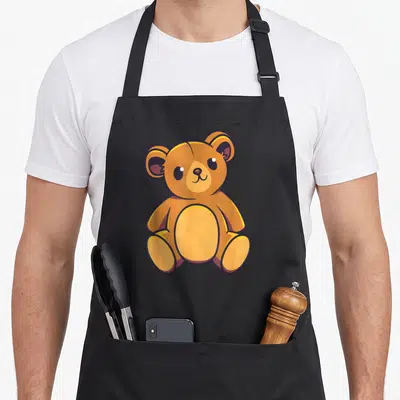 Tablier de cuisine noir avec un ourson en peluche marron assis au centre du vêtement