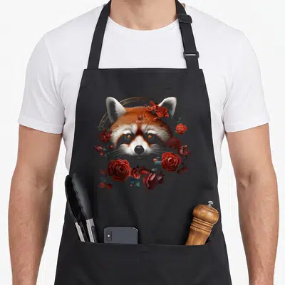 Tablier de cuisine noir avec un panda rouge entouré de roses rouges et de feuillage vert foncé.