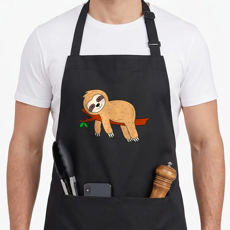 Tablier de cuisine noir avec un paresseux Sloth dessiné en couleur posé sur une branche avec des feuilles vertes.