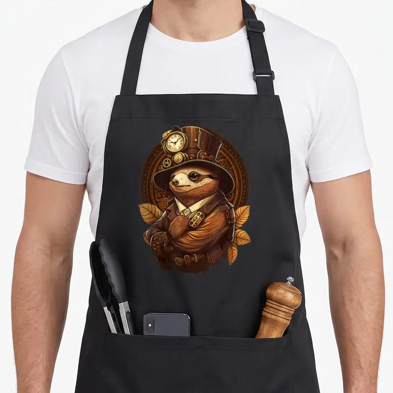 Tablier de cuisine noir avec illustration d'un paresseux vêtu comme un horloger steampunk coiffé d'un chapeau haut de forme orné d'une montre.