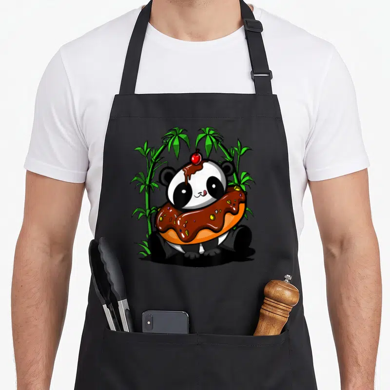 Tablier de cuisine noir avec ours panda tenant un donut au chocolat et une cerise sur la tête.