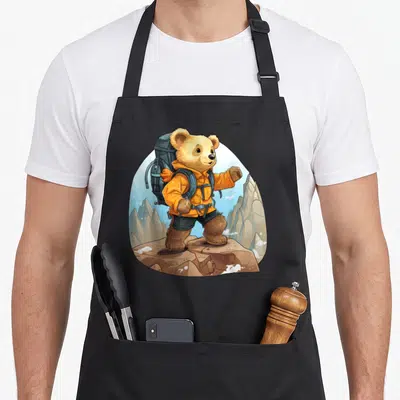 Tablier de cuisine noir avec ours alpiniste en veste orange et sac à dos sur un sommet rocheux.