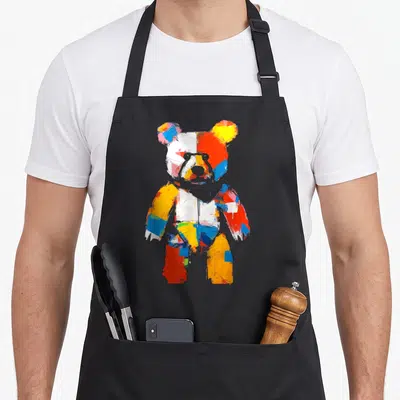 Tablier de cuisine noir avec ours coloré motif animal abstrait aux touches de peinture vives