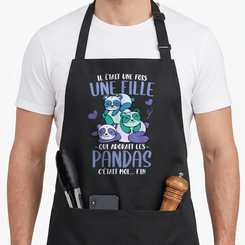 Tablier de cuisine noir avec trois pandas colorés et le texte Il était une fois une fille qui adorait les pandas c'était moi fin.