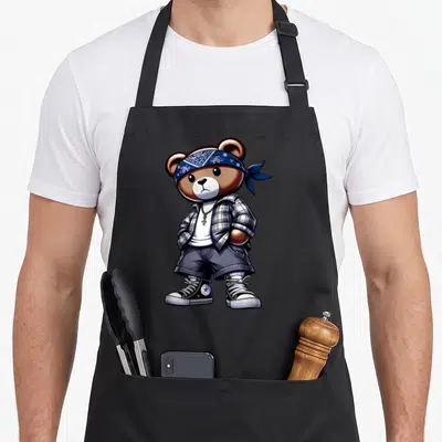 Tablier de cuisine noir avec illustration d'un ours Hip Hop portant un bandana bleu et une chemise à carreaux.